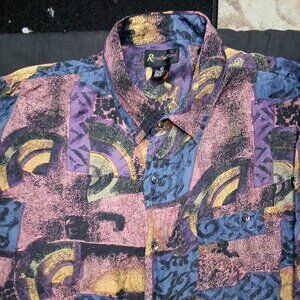 Vintage Reputation Abstract Geometric Silk Button Shirt